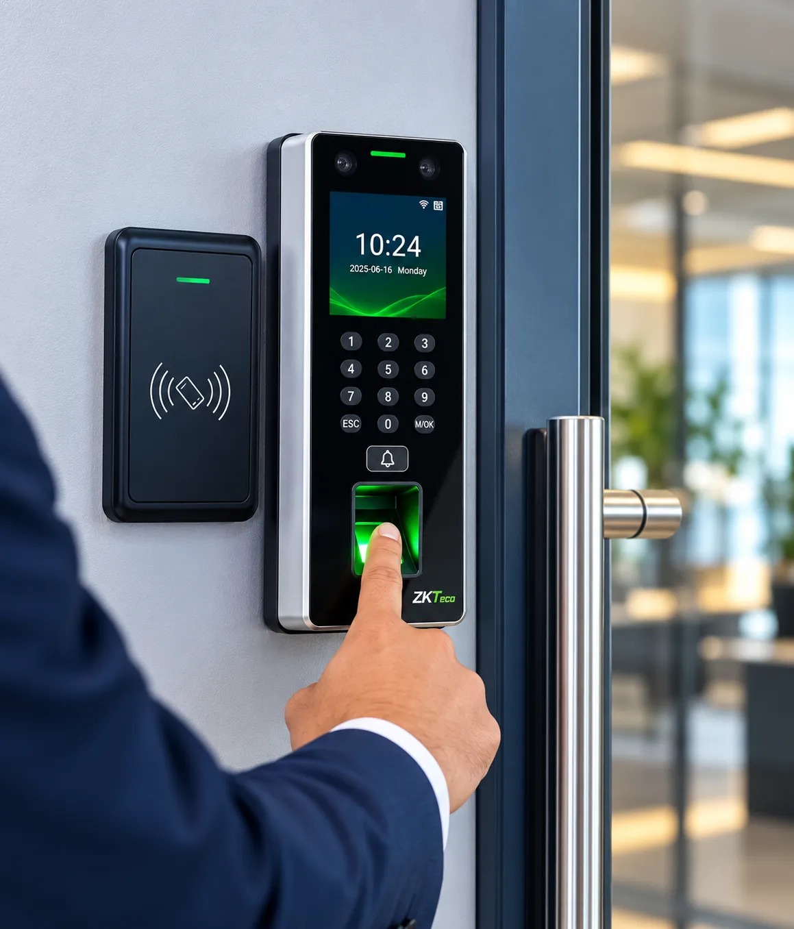 Fingerprint access control terminal in use at an office door