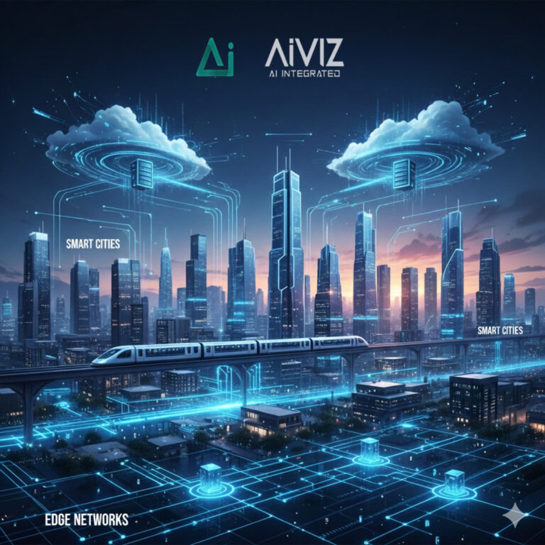Futuristic smart city skyline connected with AI-powered cloud networks and digital infrastructure, representing AiWIZ�s integrated IoT automation and smart access control systems in Dubai.
