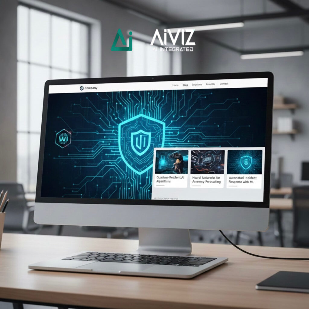 Computer screen displaying AiWIZ AI-powered cybersecurity and software development dashboard in a modern office setup, representing smart access control, IoT automation, and AI-integrated business solutions.