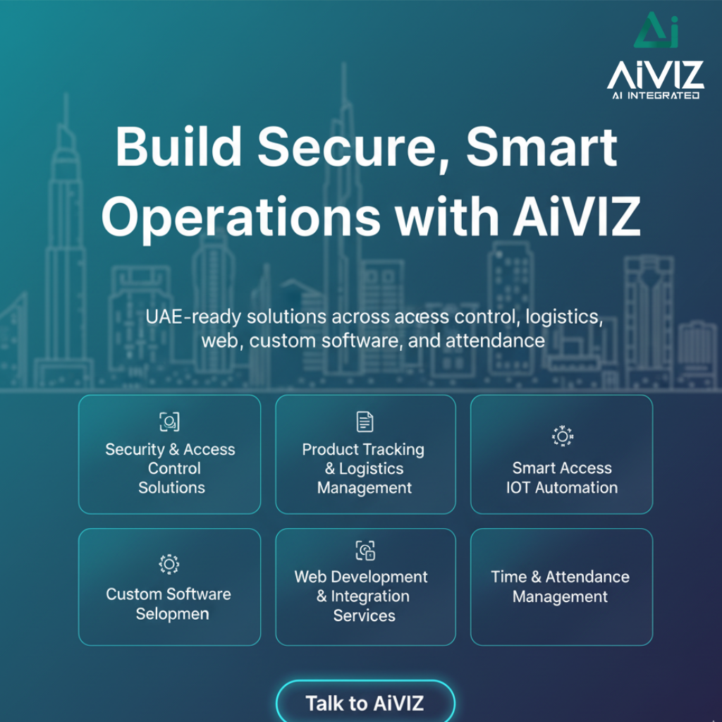 AiVIZ CTA showing access control, logistics tracking, IoT automation, web integration, custom software, and attendance