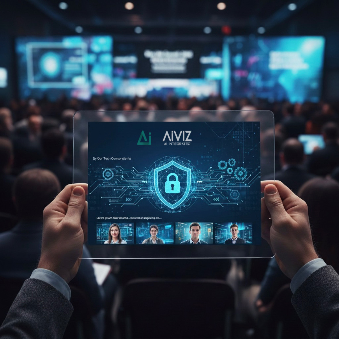 Person holding a digital tablet displaying AiWIZ AI Integrated security and automation software interface during a tech conference.