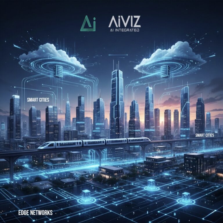 Futuristic smart city skyline connected with AI-powered cloud networks and digital infrastructure, representing AiWIZ’s integrated IoT automation and smart access control systems in Dubai.