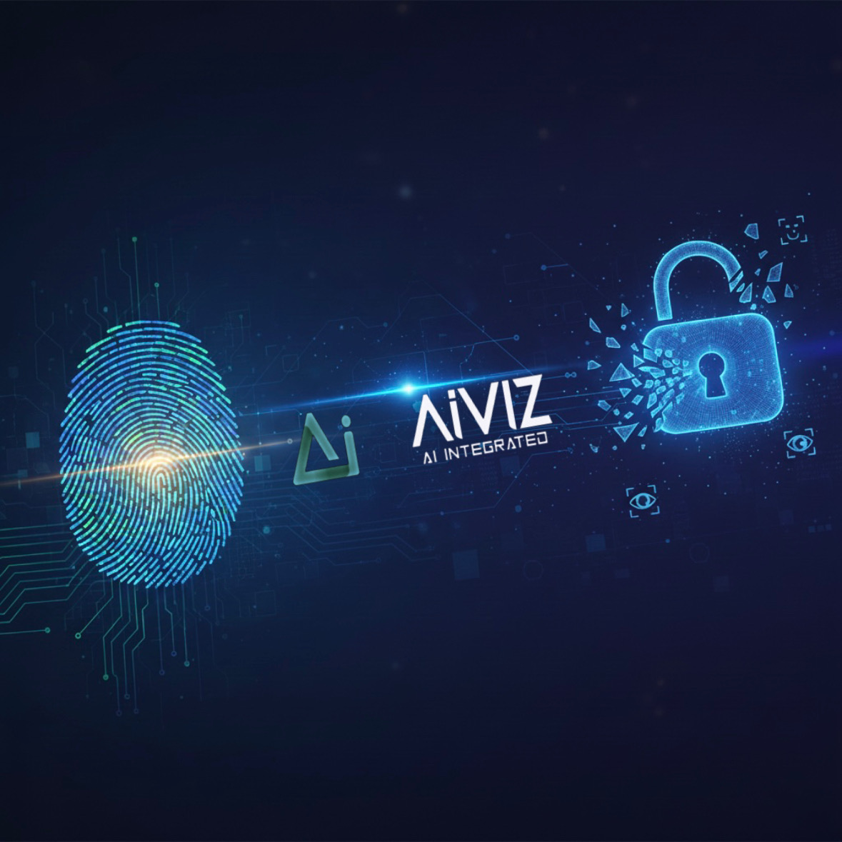Digital fingerprint and padlock symbolizing AI-driven cybersecurity and data protection by AIVIZ AI Integrated.