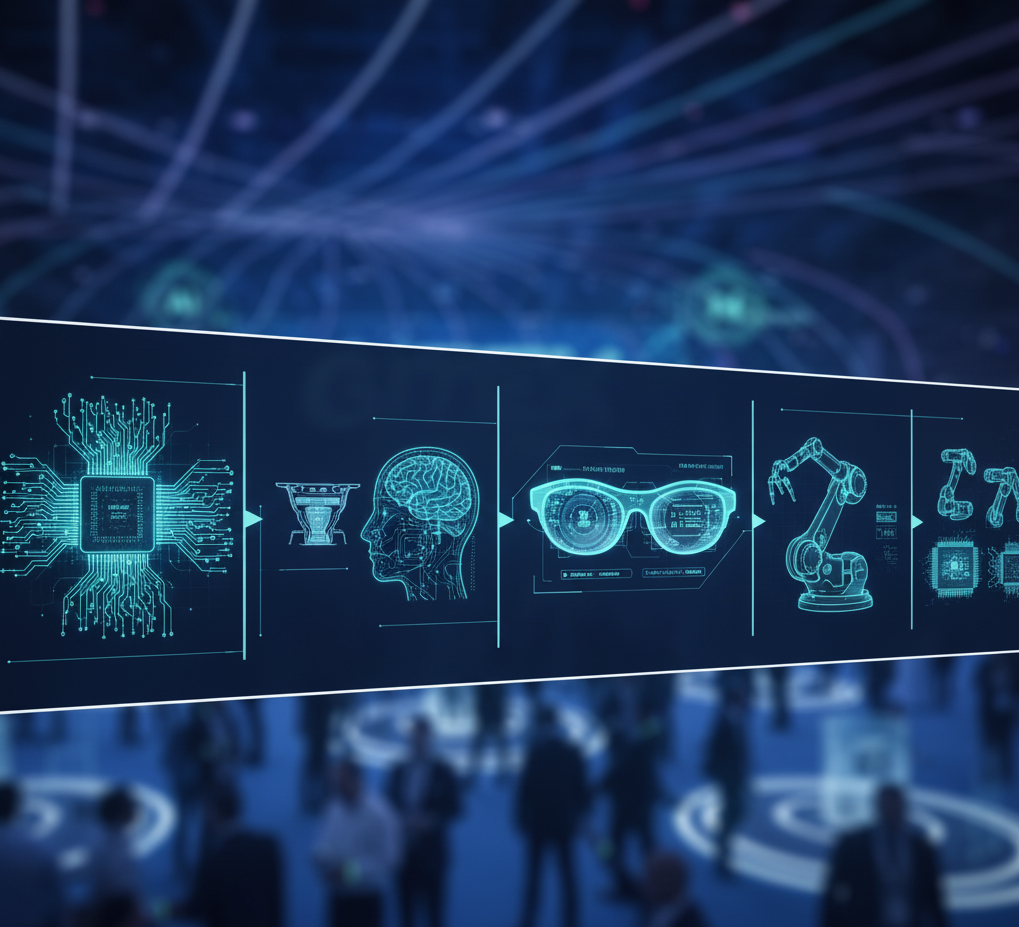 Visual montage of quantum chips, BCI, smart contact lenses and physical AI from GITEX 2025