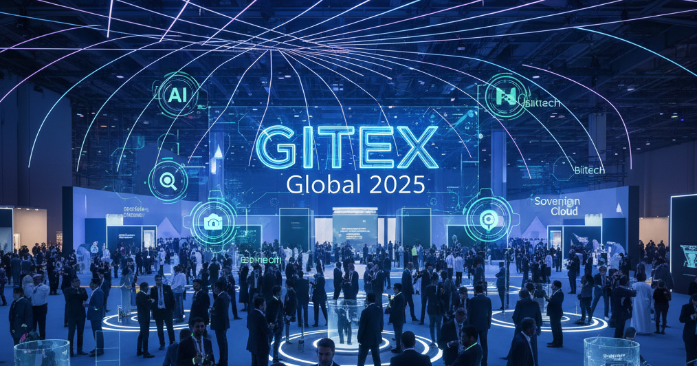 GITEX Global 2025 hero scene in Dubai showcasing AI, quantum, biotech and cloud innovation