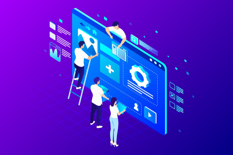 Team building a web application interface (isometric UI) — best eCommerce development company in Dubai offering enterprise web app development services by AiVIZ.