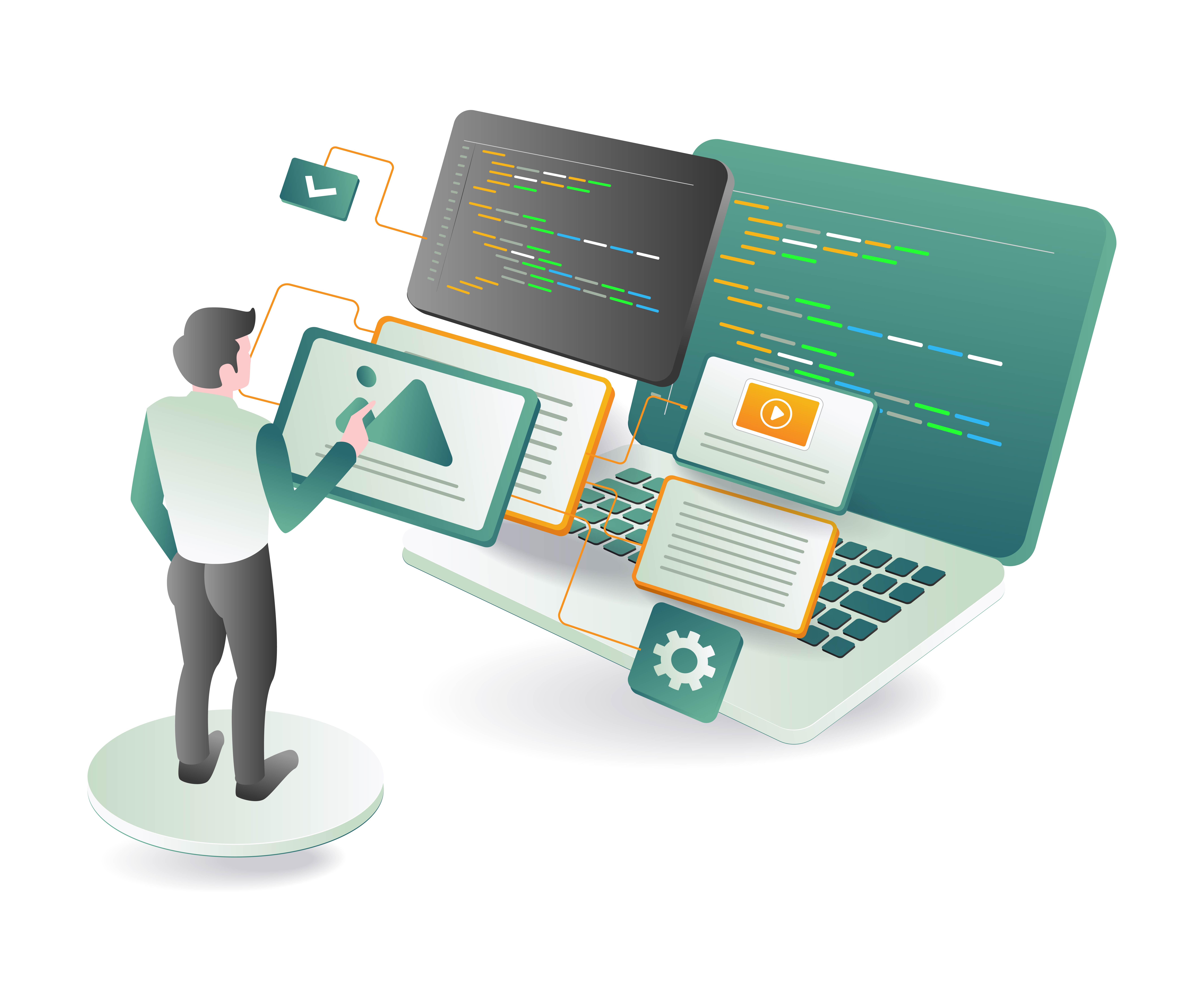 Illustration of developer building custom software with code, UI components, and integrations on laptop and tablets — custom software development in UAE