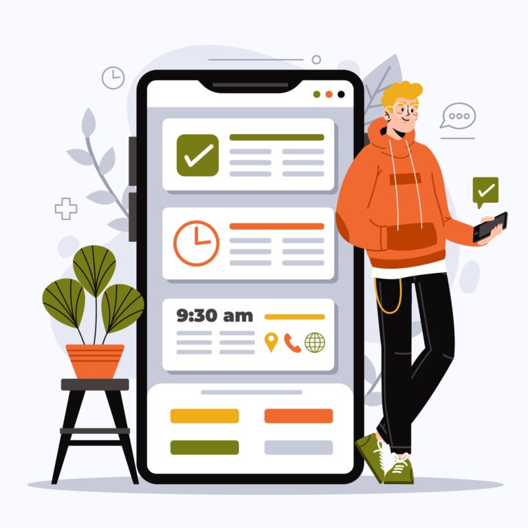 Illustration of AiTIME mobile app showing check-ins, shift time, and location for biometric attendance tracking in the UAE
